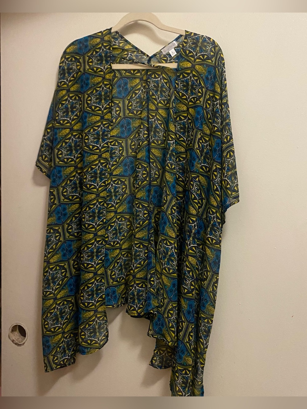 Vtg Charlie Womens L Large 50” Poncho Style Sheer Cover Up Top Boho Blue Yellow